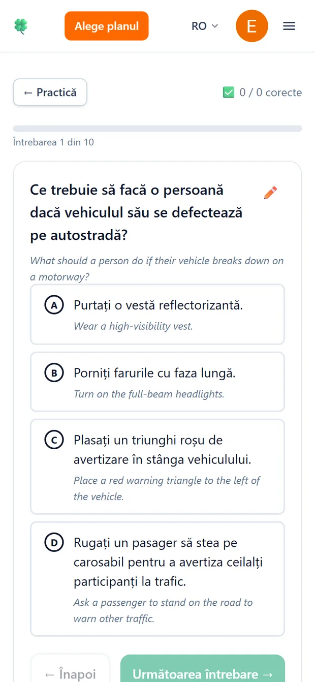 O întrebare de practică la care s-a răspuns greșit, cu răspunsul corect marcat cu verde și explicația motivului