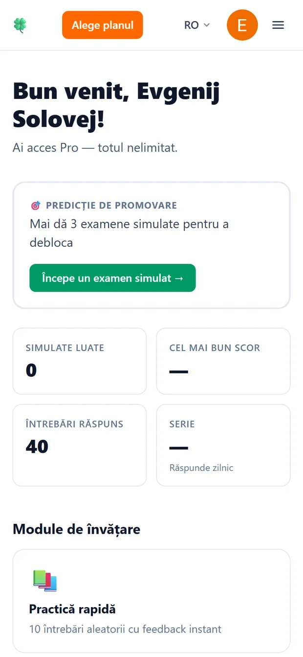 Panoul de control mobil al aplicației pentru testul teoretic auto, cu examenele simulate date, cel mai bun scor, întrebările la care ai răspuns și seria de studiu