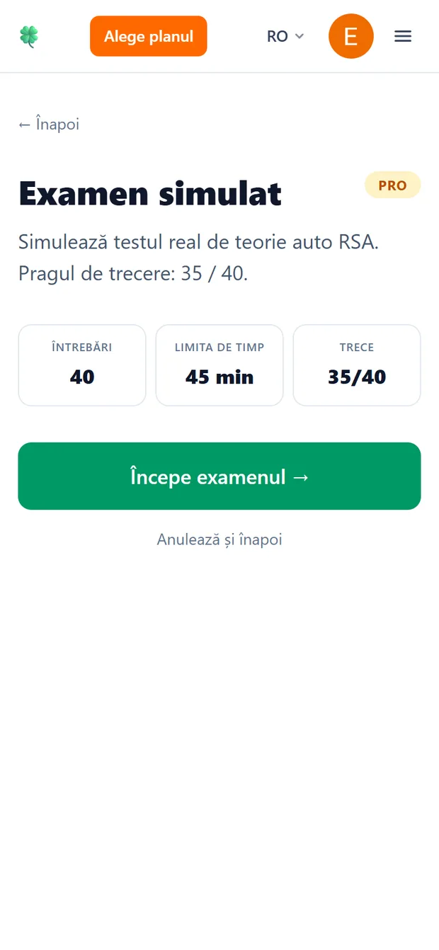 Ecranul de start al examenului simulat, cu 40 de întrebări, limită de 45 de minute și prag de promovare 35 din 40