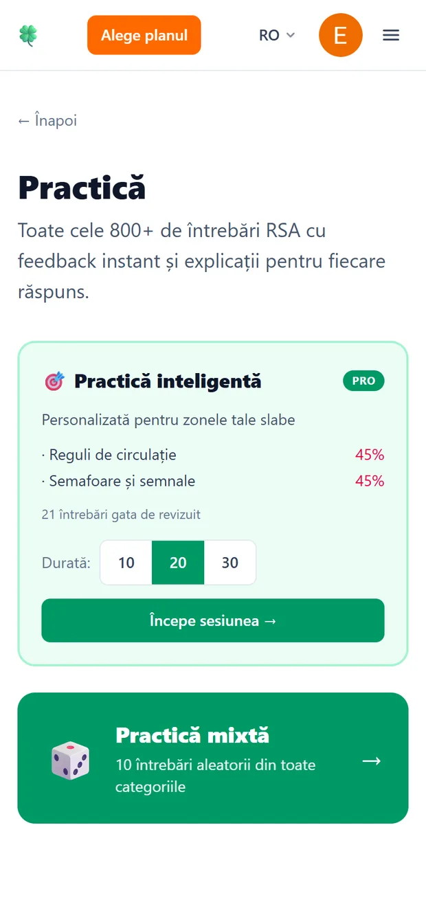 Ecranul Practică, cu Practica inteligentă, categoriile slabe și lungimea sesiunii, plus Practica mixtă