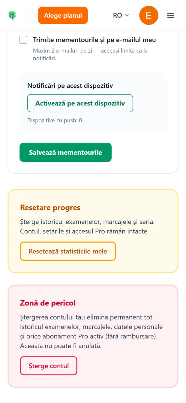 Ecranul Setări, cu opțiunea de resetare a statisticilor de învățare și de pornire de la zero