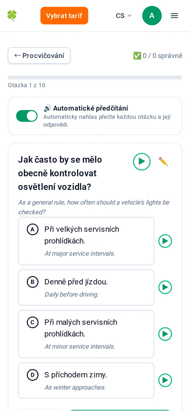 Procvičovací otázka se zapnutým přepínačem Automatické předčítání nad kartou otázky.