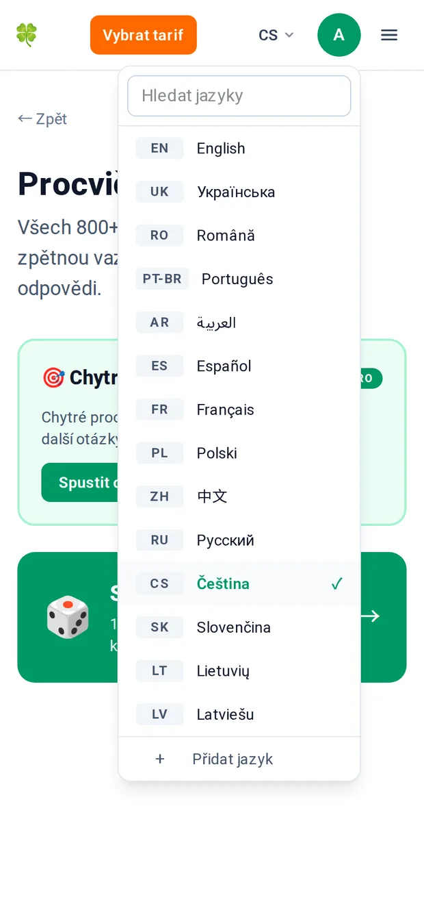 Seznam jazyků otevřený na mobilní obrazovce, zobrazující všech 14 jazyků napsaných vlastními názvy a vyhledávací pole nahoře.