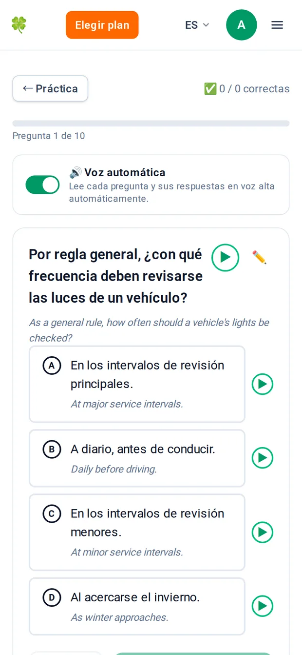 Una pregunta de práctica con el interruptor de Voz automática activado encima de la tarjeta de pregunta.