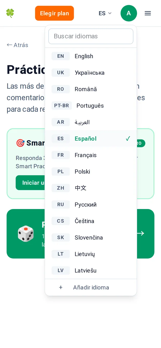 La lista de idiomas abierta en una pantalla de móvil, mostrando los 14 idiomas escritos con su propio nombre y un cuadro de búsqueda arriba.