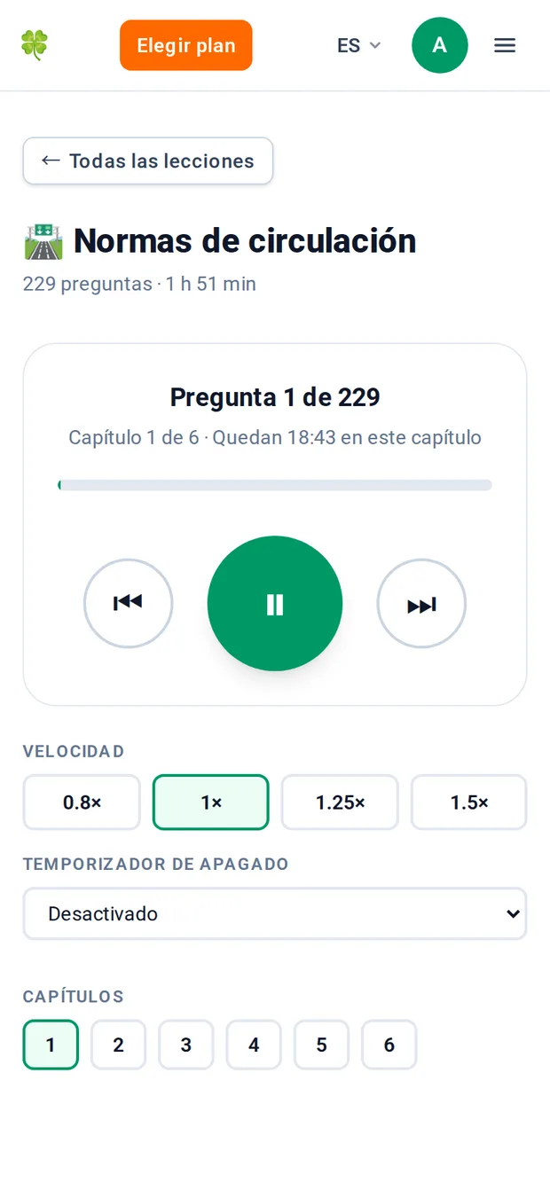 La lección de audio de Normas de circulación en reproducción, mostrando Pregunta 1 de 229 y Capítulo 1, con botones de velocidad, un temporizador de apagado y botones de capítulo.